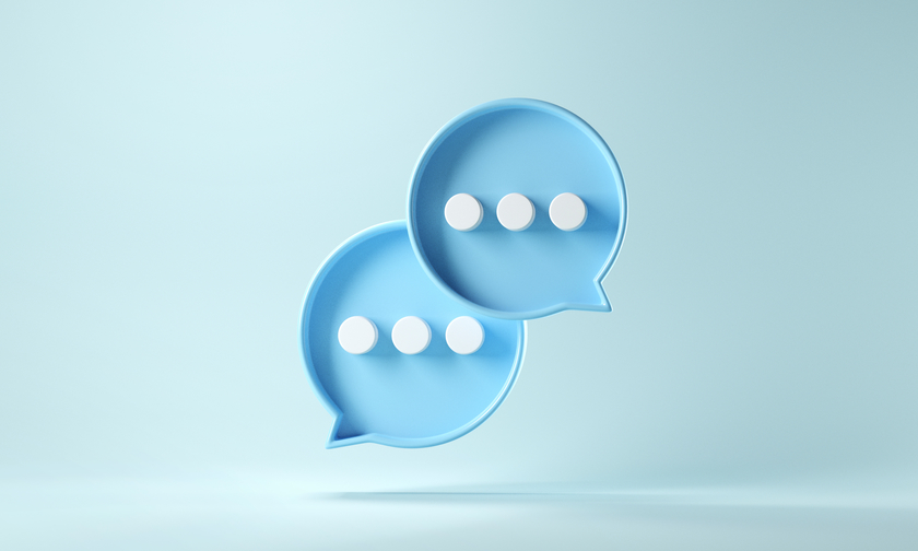 Two bubble talk or comment sign symbol on blue background.