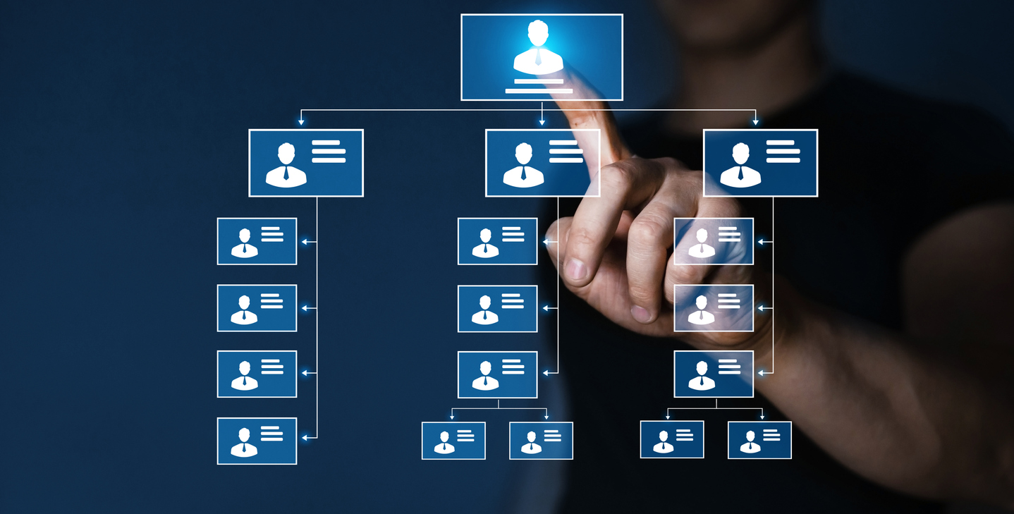 Relations of order or subordination between members.  Business hierarchy structure of workteams in corporation with CEO, executives and employees. Human Resources management.