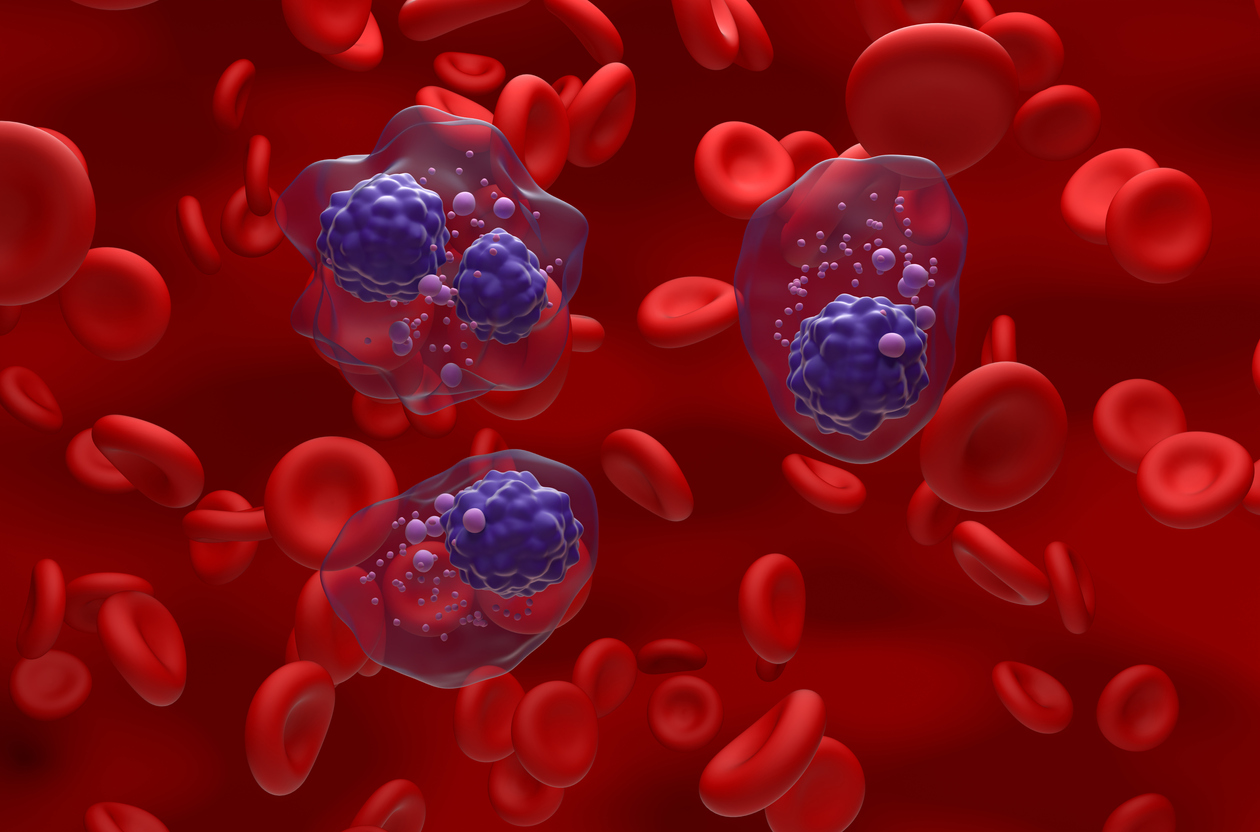 Multiple myeloma cells cluster in the blood flow - isometric view 3d illustration